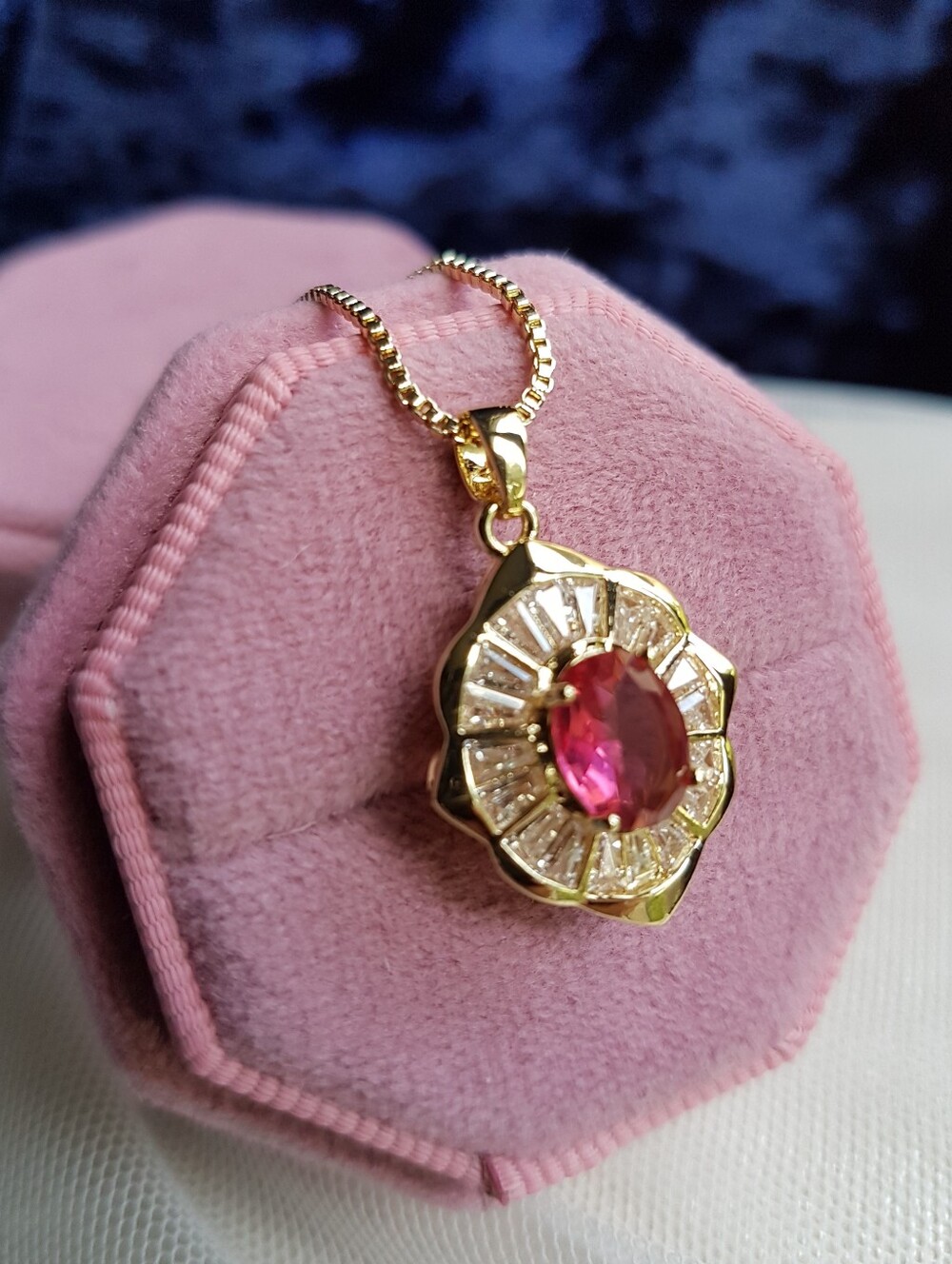 Swarovski Elements Gold Plated Fuchsia Oval Baguette Halo Pendant necklace NEW